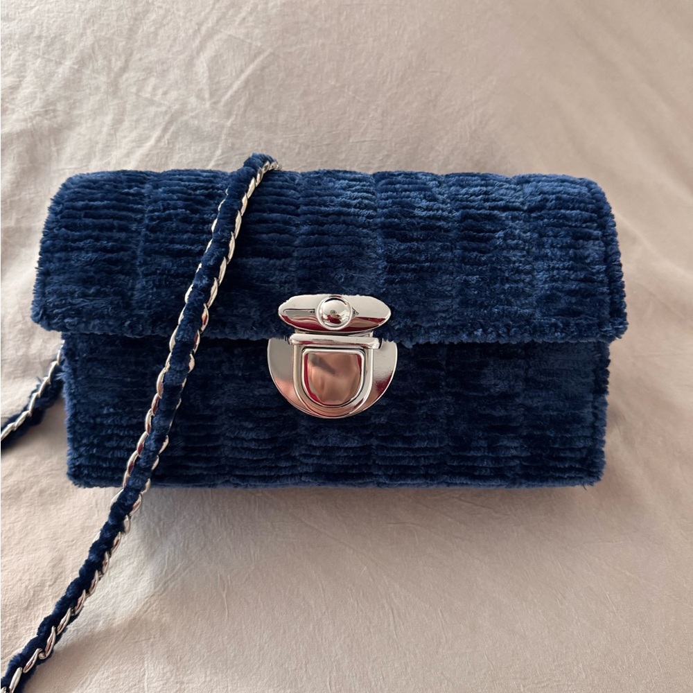 Navy handmade velvet crossbody bag with silver hardware